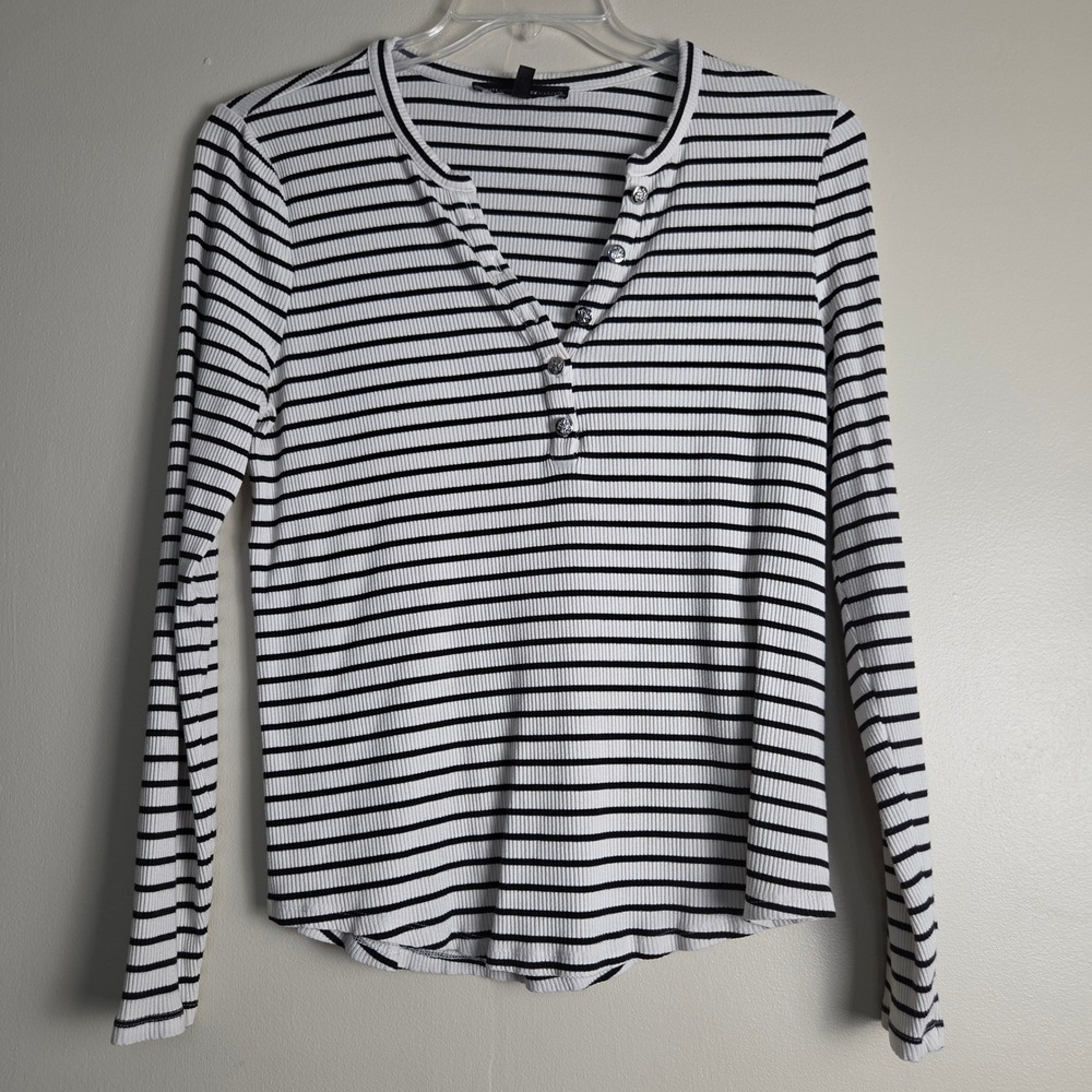 White House Black Market Striped Ribbed Henley Top XL Long Sleeve Black White